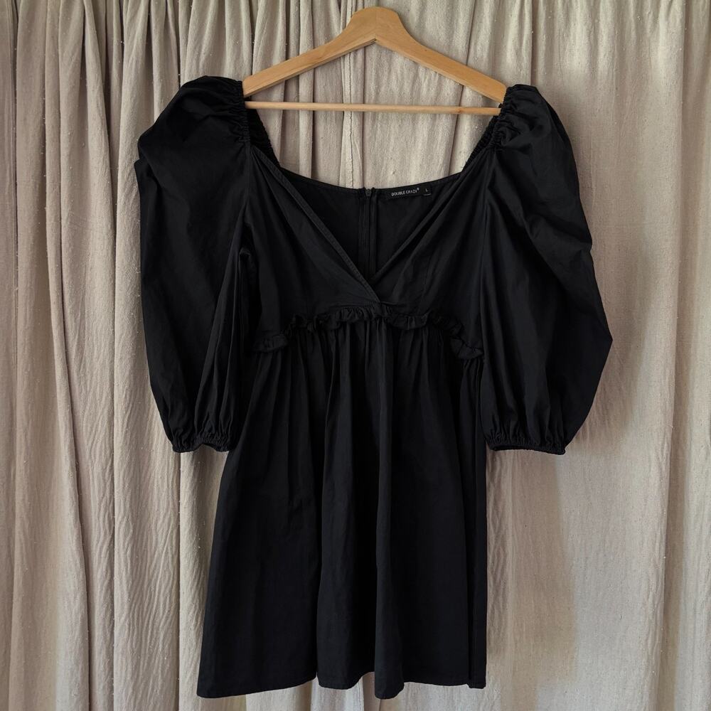 Double Crazy Black Babydoll Mini Dress Size L Puff Sleeve V-Neck‎ Cotton